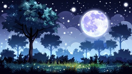Fototapeta na wymiar Full moon in the sky, trees in foreground, stars twinkling around