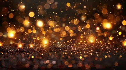   A group of gold stars against a black backdrop; a cluster of lights in the image's center forms a bokeh