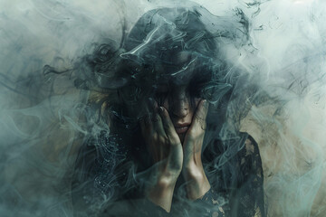 A photo representing anxiety, stress, and fear, depicting a dark and moody atmosphere. - obrazy, fototapety, plakaty