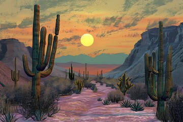  A quiet desert scene with towering cacti and a setting sun