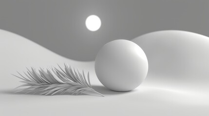   A white egg atop a table, surrounded by a pristine white feather and bathed in a bright background light