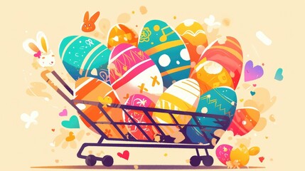 cartoon illustration of a shopping cart filled with Easter eggs perfect for Easter sales and shopping with ample copy space