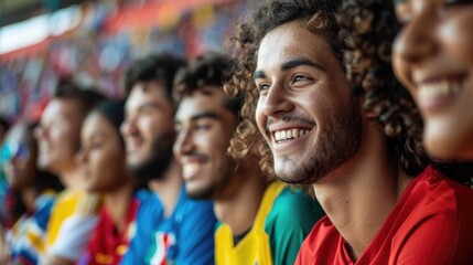 A group of diverse spectators are sitting in a stadium, watching a sports event. They are all smiling and cheering.