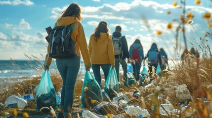 A group of volunteers keep the beach clean. - obrazy, fototapety, plakaty
