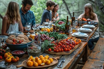 A rustic wooden table laden with fresh fruits, vegetables, and dishes ready for a delightful outdoor feast with family and friends