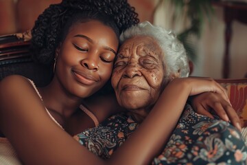 portrait of an African American mother and daughter embracing each other, family love - obrazy, fototapety, plakaty