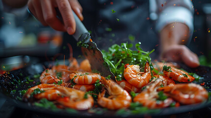 Professional chef prepares shrimps with greens, Cooking seafood, healthy vegetarian food, and food on a dark background, Horizontal view, hyperrealistic food photography