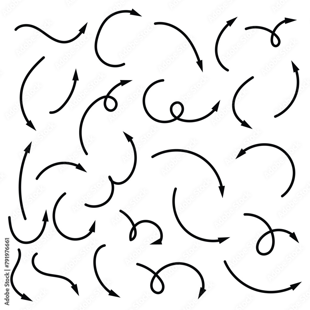 Poster doodle arrows. hand drawn line pointers, pencil sketch elements, round curly wavy direction arrows. 