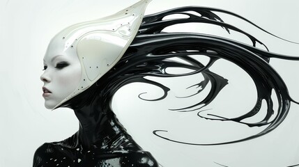  a black-swirled headpiece complements her black-and-white dress, while her hair is a