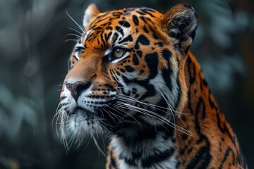 Obraz premium This captivating image showcases a tiger's sharp gaze, detailed stripes and whiskers in a close view