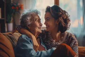 portrait of an American grandmother and granddaughter embracing each other, family love - obrazy, fototapety, plakaty