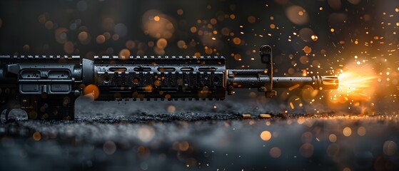 Assault rifle firing with bullets on black background to symbolize tactical team concept. Concept Tactical Team, Assault Rifle, Bullets, Black Background - obrazy, fototapety, plakaty