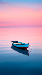 Naklejka premium A small wooden boat floats on the calm sea