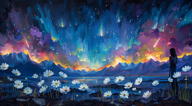 Tranquil Garden Beneath the Aurora: Oil Painting Capturing Serenity Amidst Colorful Skies