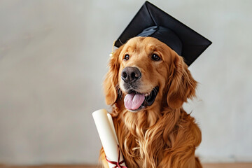 A Golden Retriever wearing a graduation cap and holding a diploma.
