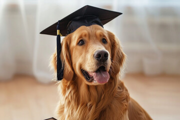 A Golden Retriever wearing a graduation cap and holding a diploma.