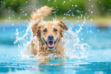 A Golden Retriever splashing happily in a pool.