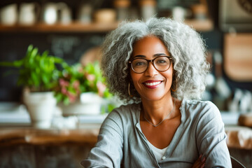 A woman with a eyeglasses is smiling in front of a kitchen counter