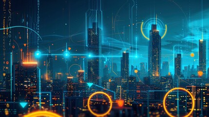 A futuristic cityscape with glowing blue and orange neon lights, featuring digital connections like wires