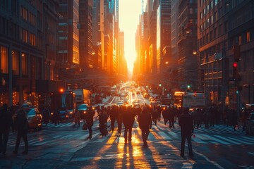 Obraz premium As the sun sets, casting a golden glow across the street, pedestrians traverse the busy city intersection