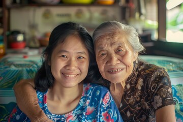 portrait of an Asian mother and daughter embracing each other, family love, old couplev
