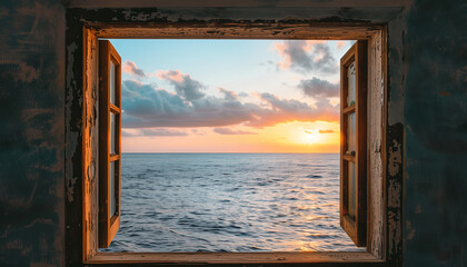 Horizon View: Embracing Nature - A weathered window frame reveals stunning sunset over ocean, creating picturesque scene of tranquility and serenity. Nature's beauty captured through open portal