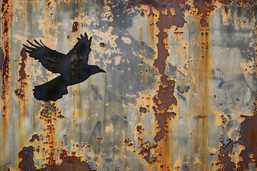 A stencil art of a bird in flight on a rusted metal surface generated by AI