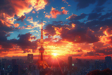 Tokyo Tower with the Sunset Sky in Tokyo,
Sunset vista over the city illustrated with warm glowing pastels and soft
