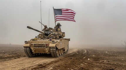 Selfpropelled artillery vehicle displaying an American flag on top