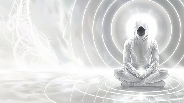   A person in white attire is seated within a circular frame, surrounded by a blank background The central figure dons a black hood