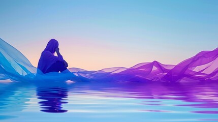   A woman sits on water's edge, before blue-purple netted backdrop - obrazy, fototapety, plakaty