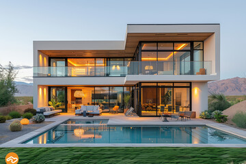 Modern house with a pool and glass walls, in the desert of California, front view, large windows, in the style of modern architecture, modern furniture inside the home. Created with Ai