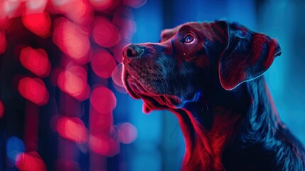 Portrait of a Dog thinking about the stock market in the style of neon light, red and blue colors, cinematic lighting, photography - obrazy, fototapety, plakaty