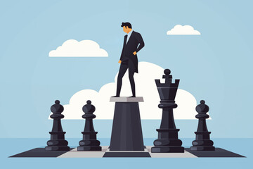 Business graphic vector modern style illustration of a business person playing chess representing a challenge, problem, solution to a workplace issue solving dispute