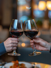 Toasting with Red Wine at Elegant Dinner