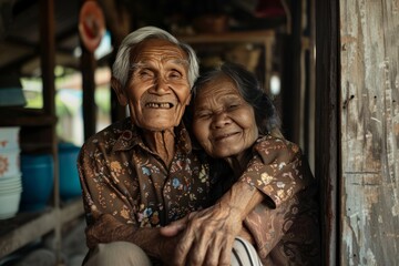 Obraz premium portrait of an Asian old couple embracing each other, family love, old couple