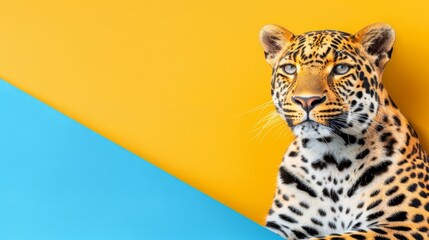   A tight shot of a cheetah against a backdrop of yellow and blue A blue triangle occupies the foreground - obrazy, fototapety, plakaty