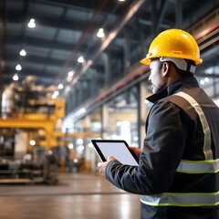 Health and safety officer conducting a workshop for factory workers, using a digital tablet to display safety data, industrial setting with clear space for text