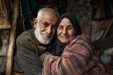 portrait of an Middle Eastern old couple embracing each other, family love, old couple