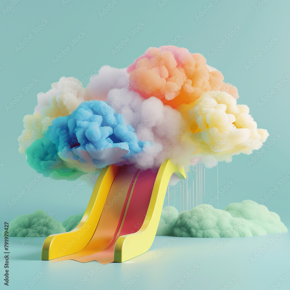 Poster a colorful cloud with a rainbow slide in the middle. the slide is yellow and red. the clouds are all