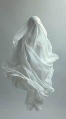 Fototapeta premium A woman is wearing a white veil and is floating in the air. The image has a mysterious and ethereal mood, as if the woman is a ghost or a spirit.