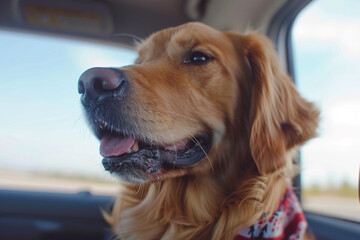 A Golden Retriever with a bandana, ready for a road trip.