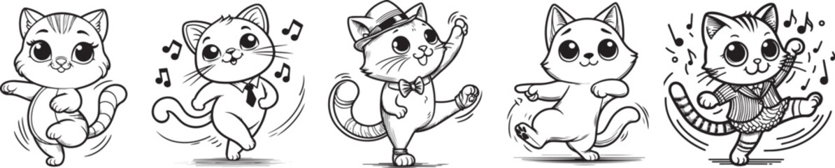 Cartoon Dancing Cats Black and White Vector Set