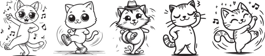 Cheerful Monochrome Cartoon Cats Dancing Vector graphics