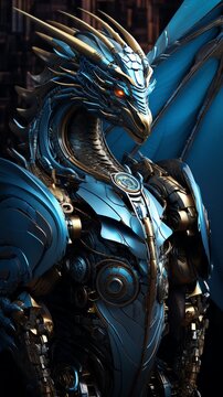 Ancient Mythical Creatures and Modern Robotics Advancements with intricate metallic scales covering a dragons body, merging seamlessly with futuristic circuits and glowing eyes