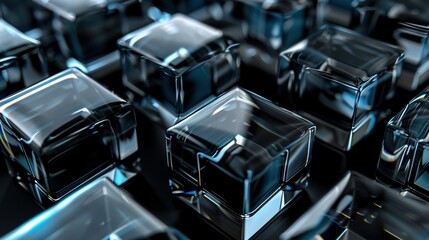 Abstract background with glass cubes on black. Glossy geometric shapes in silver and blue colors.