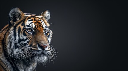   A tight shot of a tiger's eye against a black backdrop, concealing the rest of its face - obrazy, fototapety, plakaty