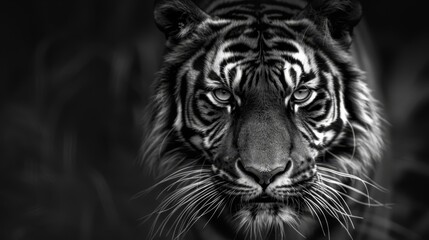   A tight shot of a tiger's face in black and white, background softly blurred