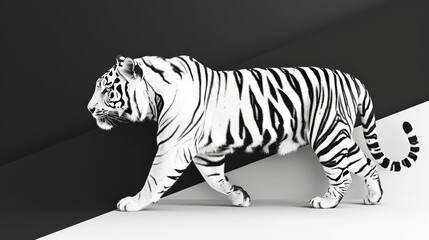   A tiger in monochrome against a striped backdrop, surrounded by a rectangular frame in matching tones
