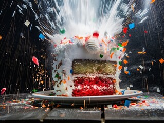 the cake shatters due to an explosion from inside - obrazy, fototapety, plakaty
